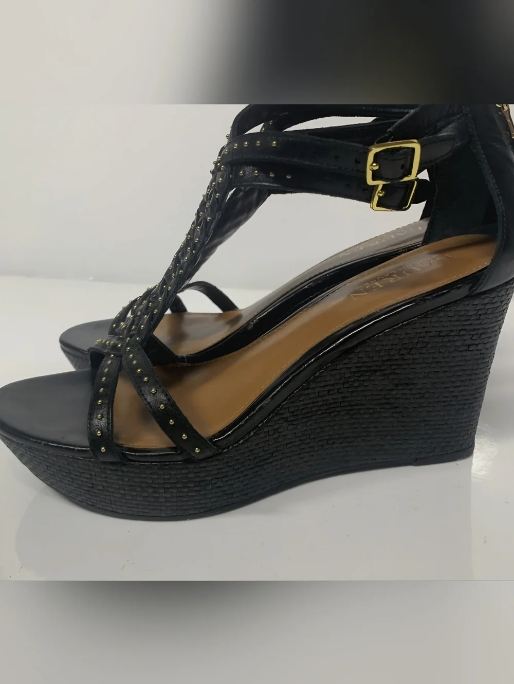 Ralph Lauren Black Braided T-Strap Wedge Sandals with Gold Studs